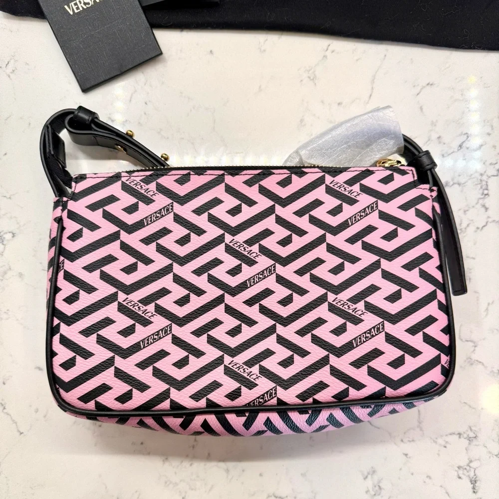 Versace La Greca Signature Shoulder Bag Pink Black Canvas Gold Metal Authentic